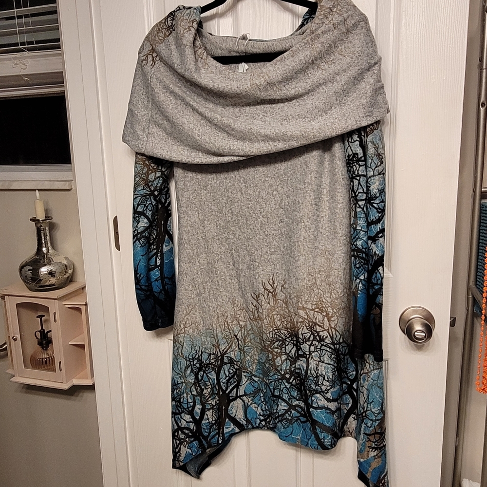 Trees In Winter Cowl Neck Asymmetrical Tunic Dress Dressfo Slim W XL (US 10) - Picture 13 of 16
